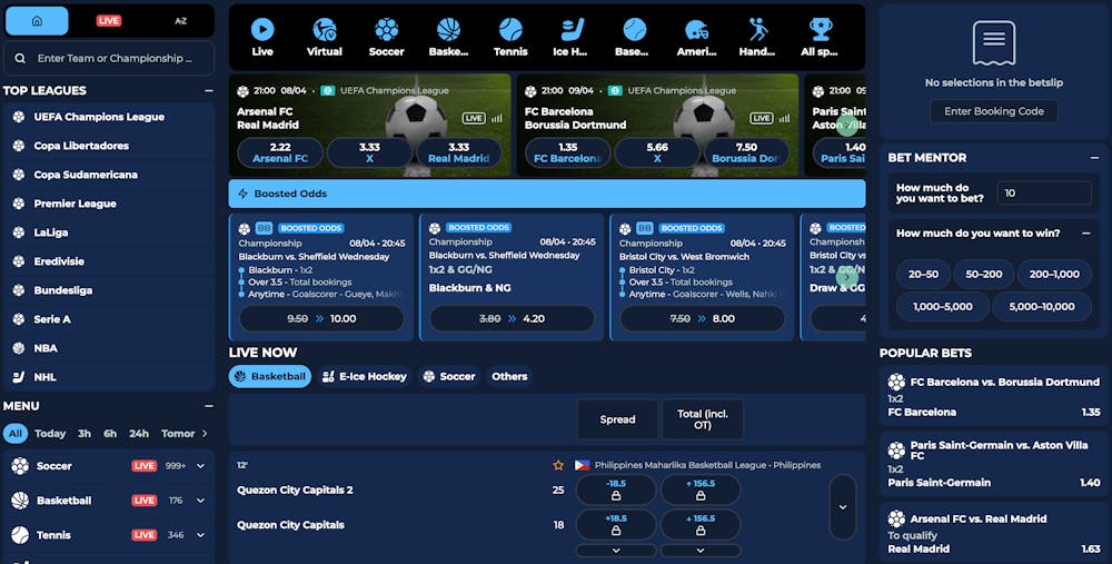 Sportbook sida hos Moana med presenterade odds.