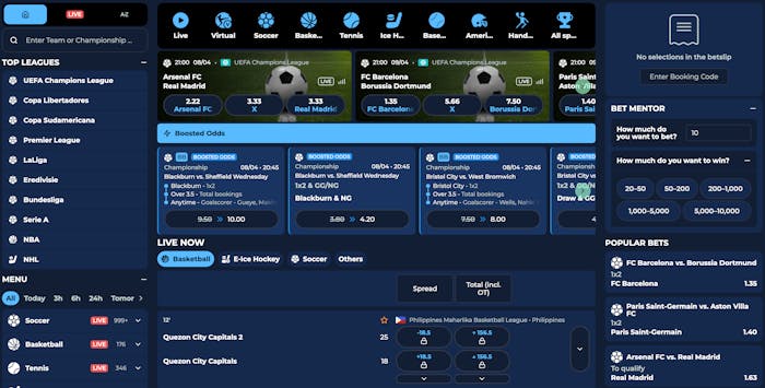 Sportbook sida hos Moana med presenterade odds.