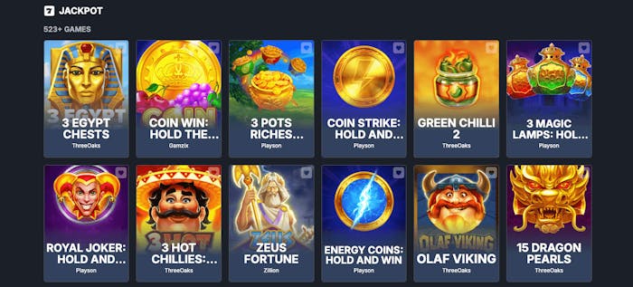 Över 500 spel finns i kategorin jackpottspel hos Monixbet. Här visas exempelvis Green Chilli 2, Zeus Fortune och Olaf Viking.