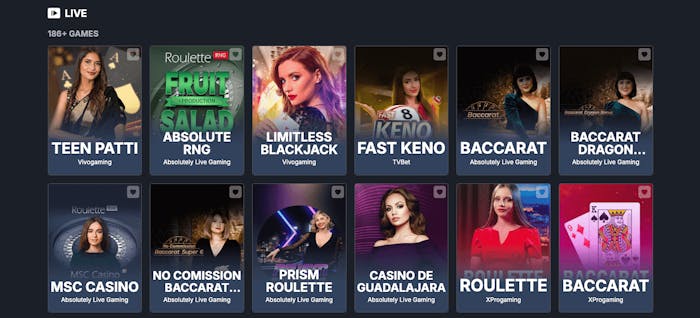 Fast Keno, Absolute RNG och Baccarat Dragon bonus är bara några live casinospel som finns hos Monixbet. Över 180 spel finns att välja bland.
