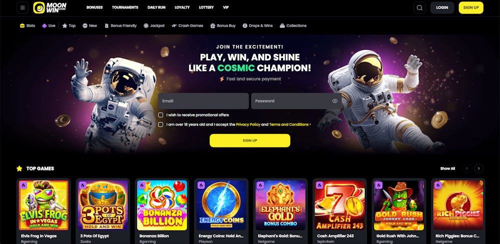 Första sidan på Moonwin casino.