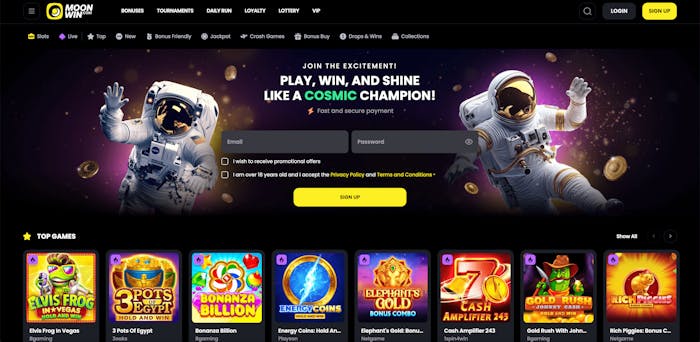 Första sidan på Moonwin casino.