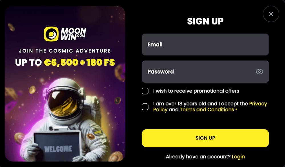 Registreringsformulär på MoonWin Casino.