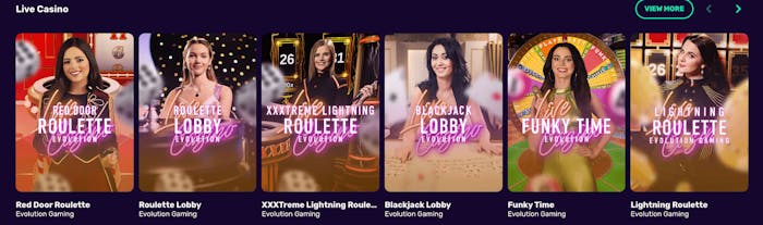 NeonVegas har ett live casino. Här visas livespel som Funky Time och Red Door Roulette.