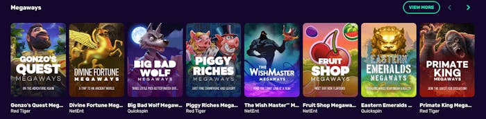 Det finns gott om Megaways-spel på NeonVegas Casino. Här visas bland andra Gonzos Quest Megaways och Piggy Riches Megaways.