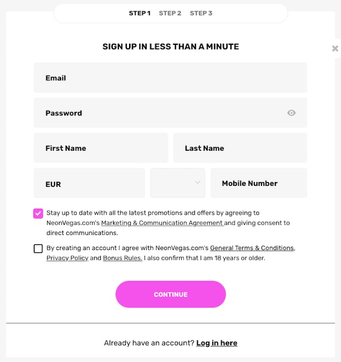 Här visas registreringsformuläret hos NeonVegas. För att skapa konto, fyll i e-postadress, lösenord, namn, efternamn, valuta och mobilnummer. Klicka på Continue för att komma till steg 2 i processen.