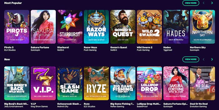 NeonVegas spelutbud visas här utifrån Most Popular och New. Bland annat finns speltitlar som Pirots 3, Starburst, Gonzos Quest och Lollipop Drop.