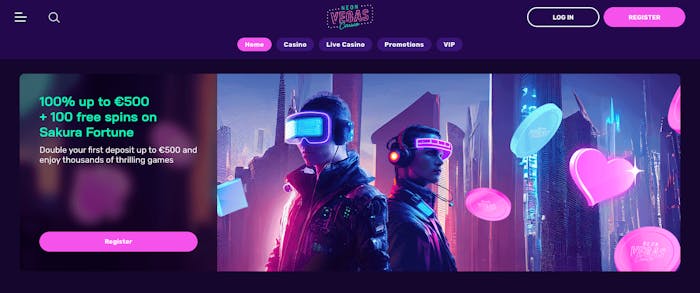 På NeonVegas startsida är välkomsterbjudandet i fokus. Här visas en futuristisk bild i neonfärger till höger, och välkomstbonusen till vänster. Längst upp på sidan finns olika knappar som tar en vidare till olika speltyper och bonuserbjudanden.