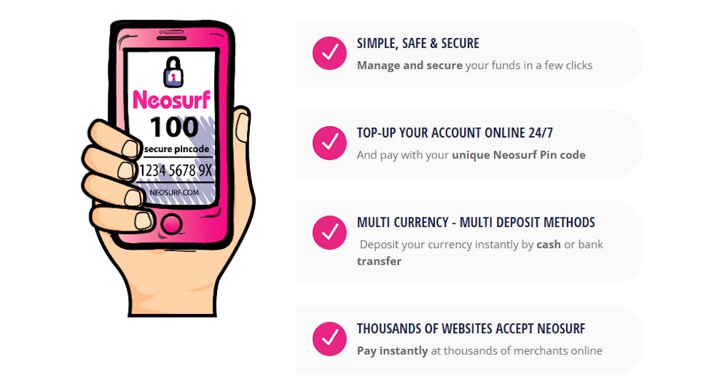 Listade fördelar med att använda Neosurf: Betalningsmetoden är smidig, säker, fungerar dygnet runt, stödjer många valutor och en mängd spelsajter accepterar den.
