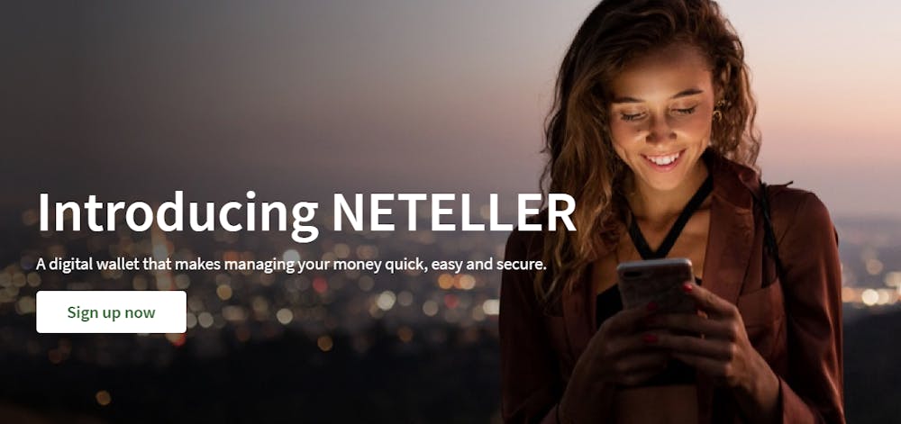 Startsidan hos Neteller. Du kan använda betalningstjänsten till att spela på ett Neteller casino utan svensk licens.