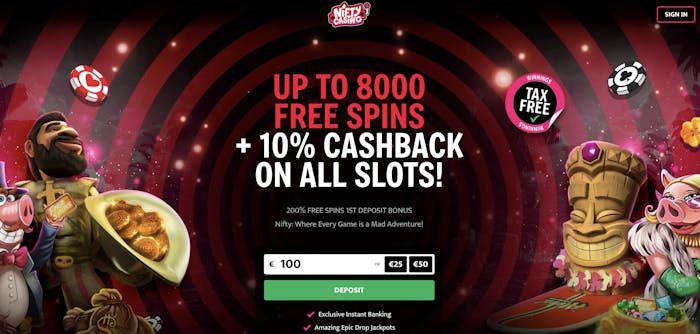 Nifty casinos förstasida med erbjudande presenterat.