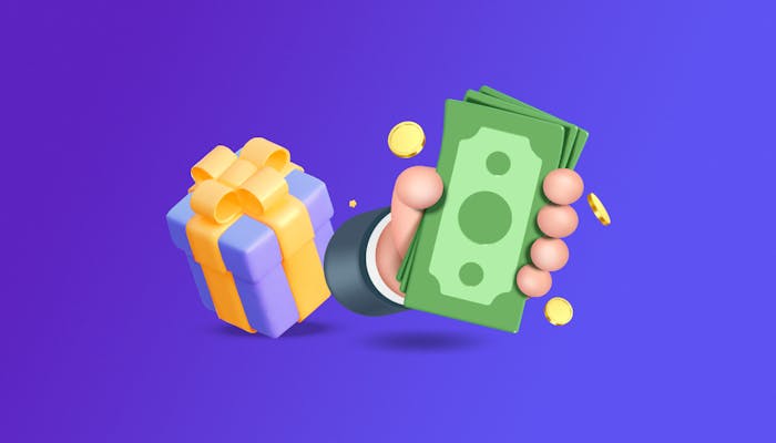 Ett paket, några guldmynt och en hand som håller i en bunt sedlar.