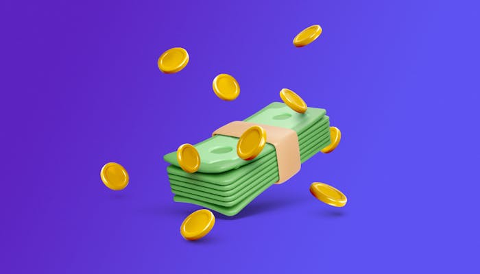 En bunt sedlar och guldmynt.