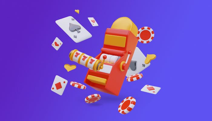 En spelautomat, spelbrickor och spelkort.