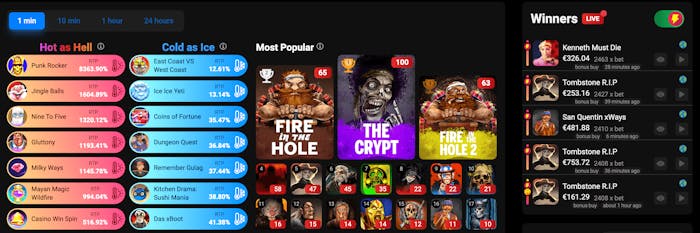 Screenshot av Nolimit citys egna plattform med spel.