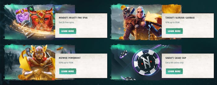 Varje vecka finns det bonusar i form av free spins, cashback och reloads att hämta på Nords Casino. Här ser du bland annat erbjudandet Monday's Mighty Free Spins som kan ge dig 25 free spins. 