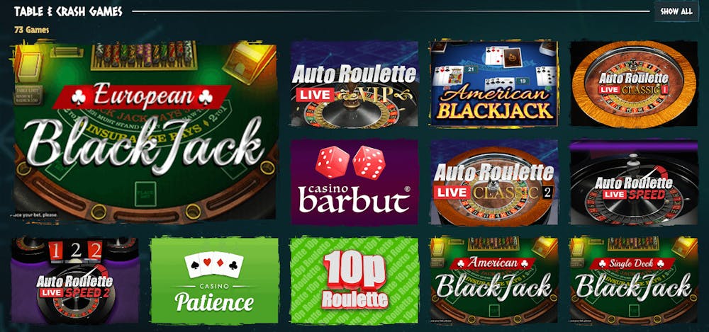 Bordsspel som blackjack, roulette och baccarat finns på Nords Casino. Se speltitlar som European BlackJack och Auto Roulette Classic.