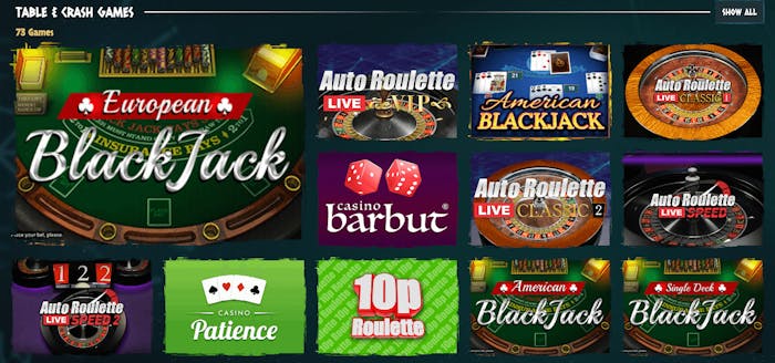 Bordsspel som blackjack, roulette och baccarat finns på Nords Casino. Se speltitlar som European BlackJack och Auto Roulette Classic.