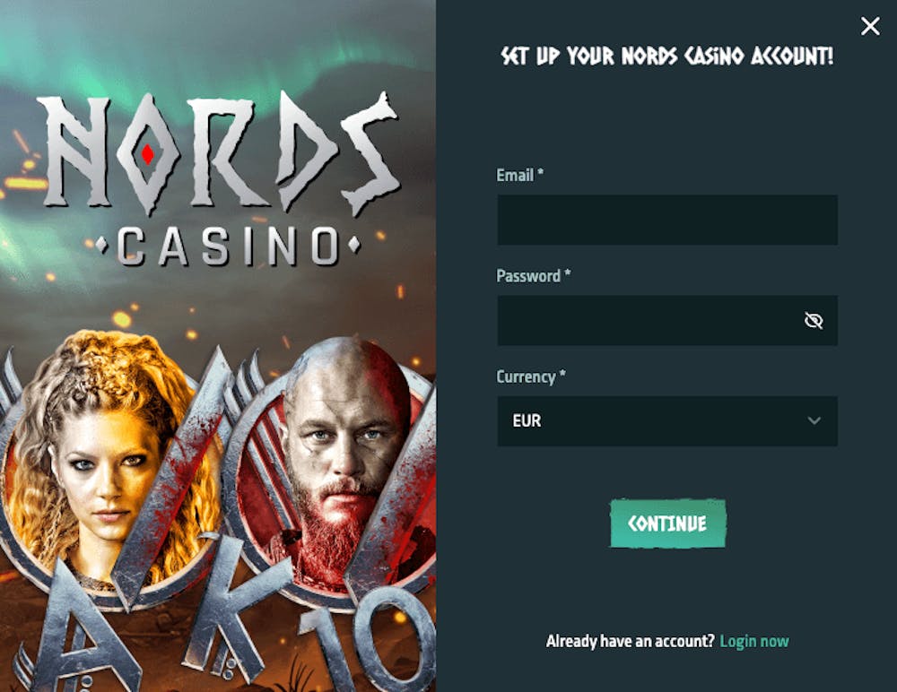 Som visas här inleds registreringsprocessen hos Nords Casino genom att fylla i e-postadress, välja lösenord samt valuta. Klicka sedan på continue för att fortsätta.