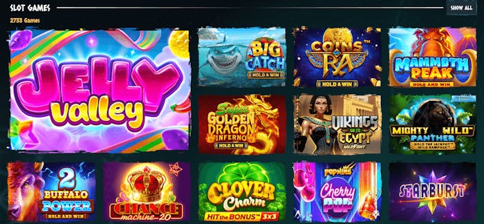 Det finns över 2700 slots i utbudet hos Nords Casino. Spela populära titlar som Starburst och Jelly Valley.