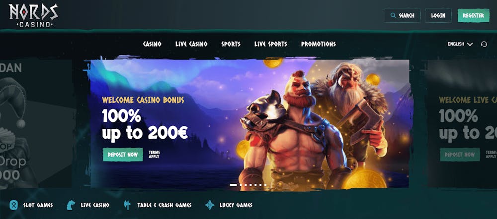 Hos Nords Casino är välkomstbonusar och övriga kampanjer i fokus. Här syns välkomstbonusen för casino som är på 100 procent upp till 200 euro. 