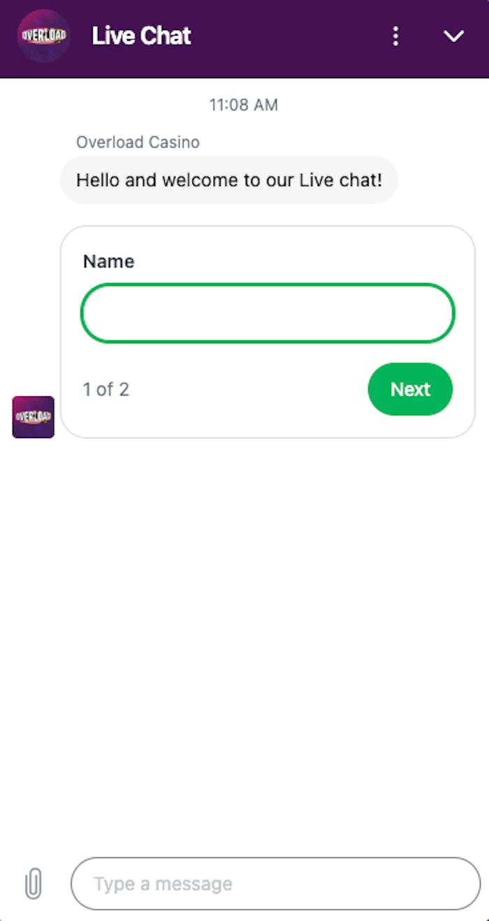 Overload Casino har en live chatt. För att komma igång, fyll i namn och klicka på knappen Next.