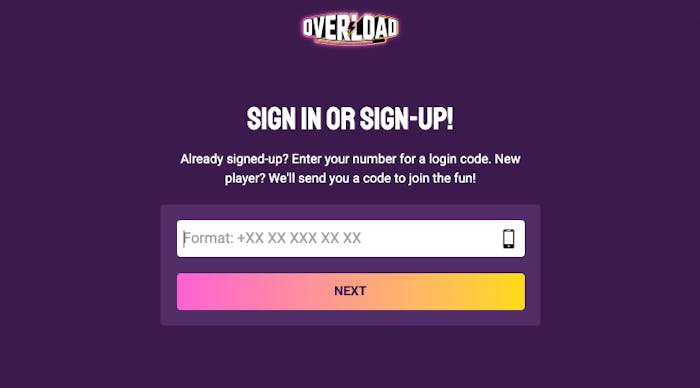 För att skapa ett konto hos Overlaod Casino, börja med att fylla i mobilnummer och motta inloggningskod. För nästa steg, klicka på Next.