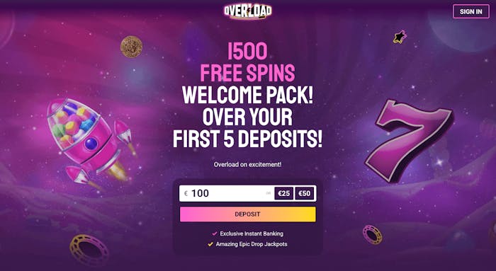 Det stora välkomstpaketet på upp till 1500 free spins pryder Overload Casinos startsida. Här finns också knappar för att logga in och göra en insättning.