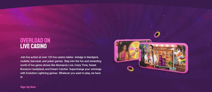 Bland Overload Casinos livespel finns titlar som Crazy Time, Monopoly Live, Dream Catcher och Sweet Bonanza Candyland.