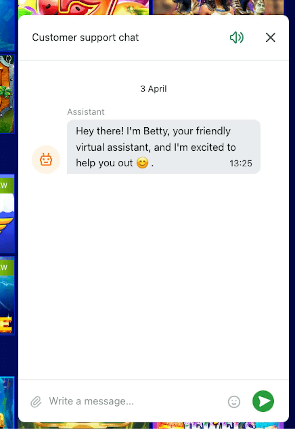 En av kontaktvägarna till Paripesa Casino är live chatt. Här visas ett automatiskt meddelande som kommer upp när man klickar fram chatten. För att komma igång skriver man sitt meddelande och klickar på pilen för att skicka det.
