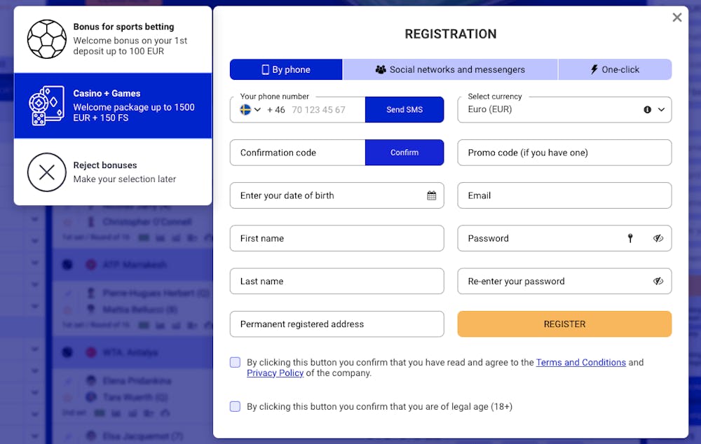 Paripesa Casinos registreringsformulär som visar tre möjliga registreringssätt: By phone, Social networks and messengers, och One-click. Till vänster skyltas även välkomstbonusar för casino respektive sport.