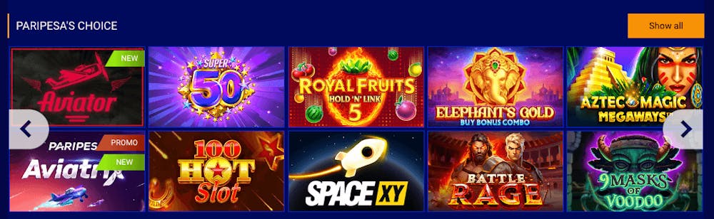I utbudet av slots hos Paripesa finns bland annat Aviator, Battle Rage och Masks of Voodoo.