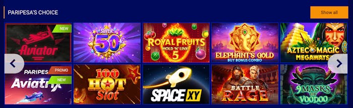 I utbudet av slots hos Paripesa finns bland annat Aviator, Battle Rage och Masks of Voodoo.