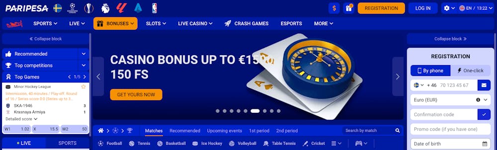Startsidan hos Paripesa Casino går i blått och vitt och här skymtas det mesta som casinosidan har att erbjuda - sport och casino med mängder med bonusar. Här finns också registreringsformuläret samt knapp för login.