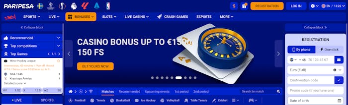 Startsidan hos Paripesa Casino går i blått och vitt och här skymtas det mesta som casinosidan har att erbjuda - sport och casino med mängder med bonusar. Här finns också registreringsformuläret samt knapp för login.