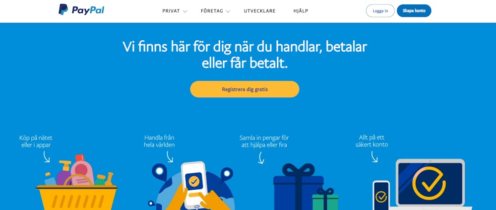 Startsidan hos PayPal. Du kan enkelt ladda ner och använda betalningsmetoden för att spela på ett PayPal casino utan svensk licens.