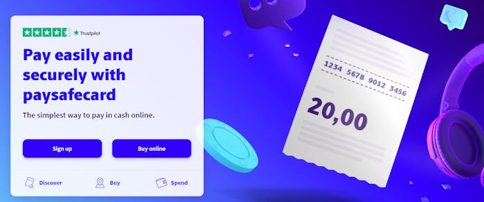 Startsidan hos Paysafecard. Med tjänsten kan du göra smidiga och säkra insättningar på ett Paysafecard casino utan svensk licens.