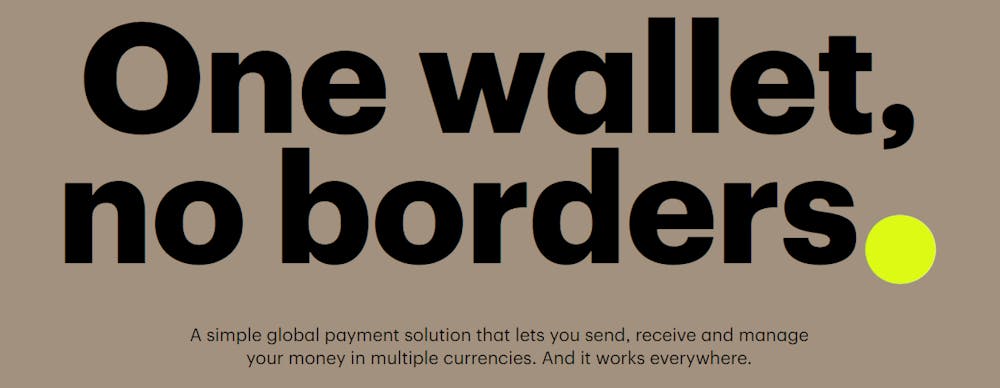 Startsidan hos Payz, som tidigare hette ecoPayz. På bilden står det One wallet, no borders.