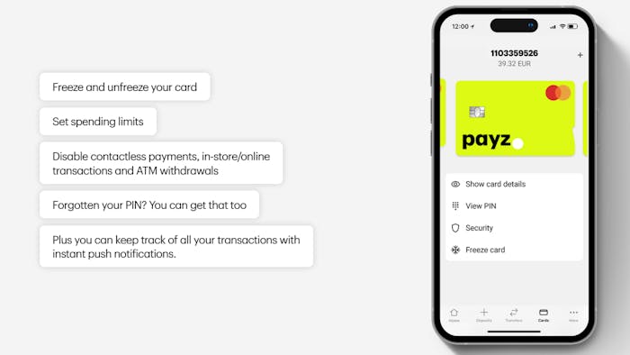 Kortet Payz Mastercard visas på mobilappen.