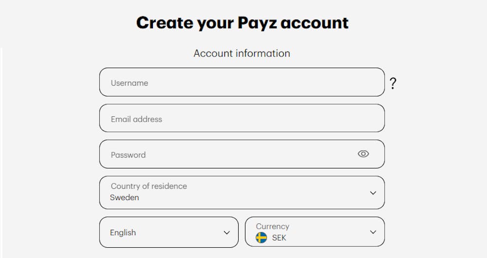 En bild på registreringsformuläret hos Payz.