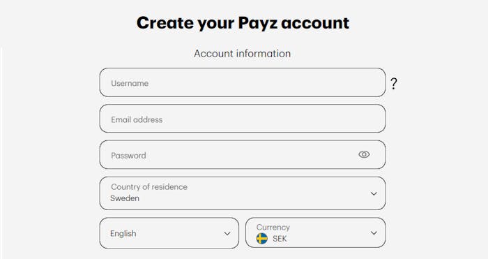 En bild på registreringsformuläret hos Payz.