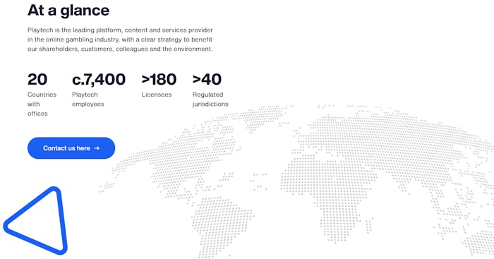 Screenshot på en karta som visar alla ställen Playtech har kontor på samt lite information om spelutvecklaren.