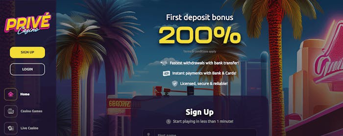 När man surfar in på Prive Casino syns välkomsterbjudandet för nya spelare. Precis under finns formuläret för att skapa ett konto. På vänstra sidan finns en meny som visar bland annat spelutbudet, innehållande såväl casinospel som live casino.
