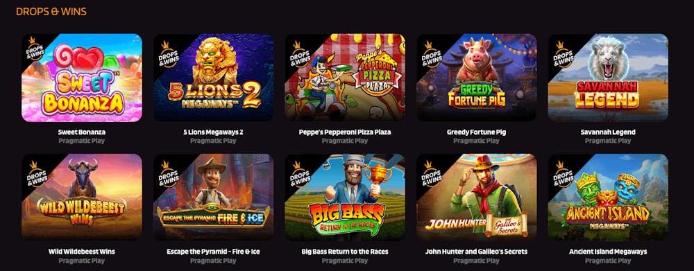 Drops and Wins från Pragmatic Play finns på Punterz Casino. Spela titlar som Sweet Bonanza och Big Bass Return to the Races.