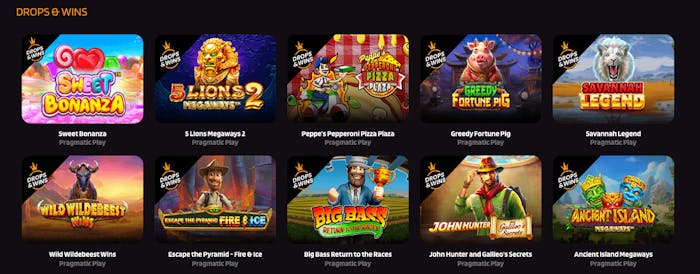 Drops and Wins från Pragmatic Play finns på Punterz Casino. Spela titlar som Sweet Bonanza och Big Bass Return to the Races.
