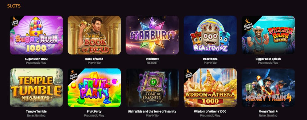 Slots som Sugar Rush 1000, Starburst, Reactoonz och Money Train 4 finns att spela på Punterz Casino.