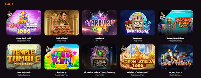 Slots som Sugar Rush 1000, Starburst, Reactoonz och Money Train 4 finns att spela på Punterz Casino.