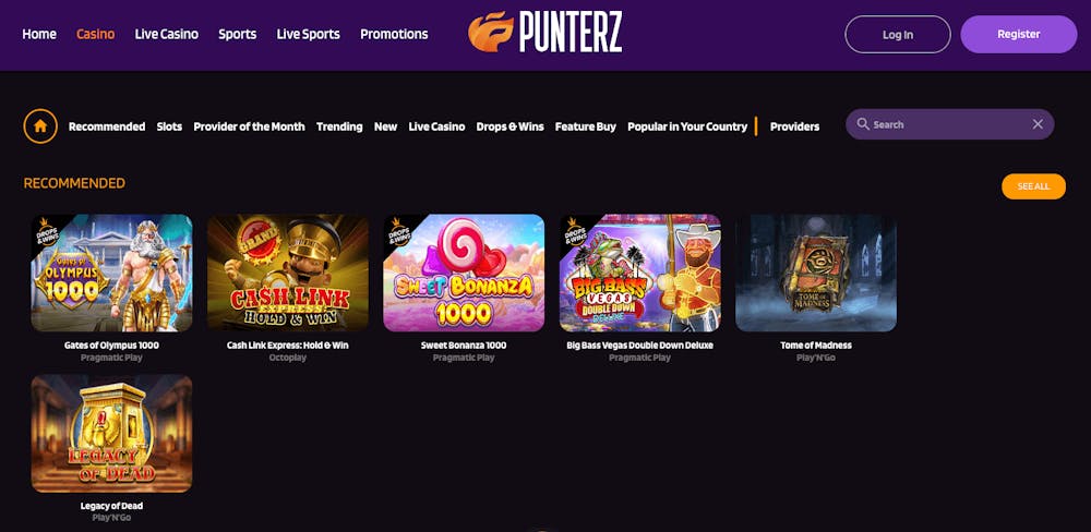 Punterz Casino erbjuder såväl casino som betting. Menyerna avslöjar att det finns slots, live casino, drops and wins samt betting på sport och live sport. Login- samt registreringsknappar finns uppe i högra hörnet.