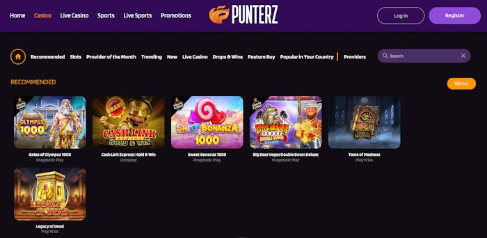 Punterz Casino erbjuder såväl casino som betting. Menyerna avslöjar att det finns slots, live casino, drops and wins samt betting på sport och live sport. Login- samt registreringsknappar finns uppe i högra hörnet.