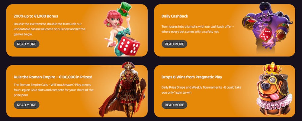 Bland bonuserbjudanden hos Red Dice finns bland annat daglig cashback, insättningsbonus på 200 procent upp till 1000 euro samt drops and wins.